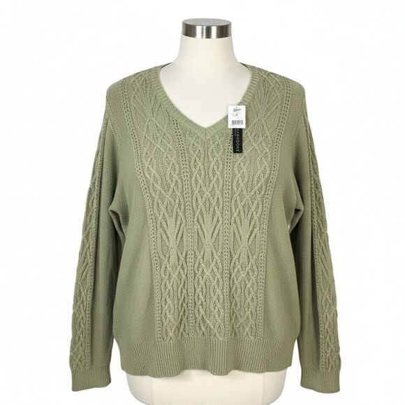 NWT Preswick & Moore Sage Green Cable Knit V-Neck Sweater Sz 2X - Picture 2 of 10